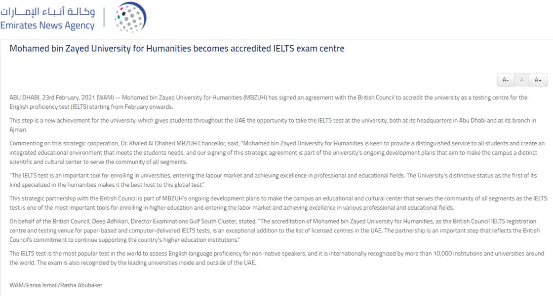 Mohamed bin Zayed University for Humanities becomes accredited IELTS exam centre
