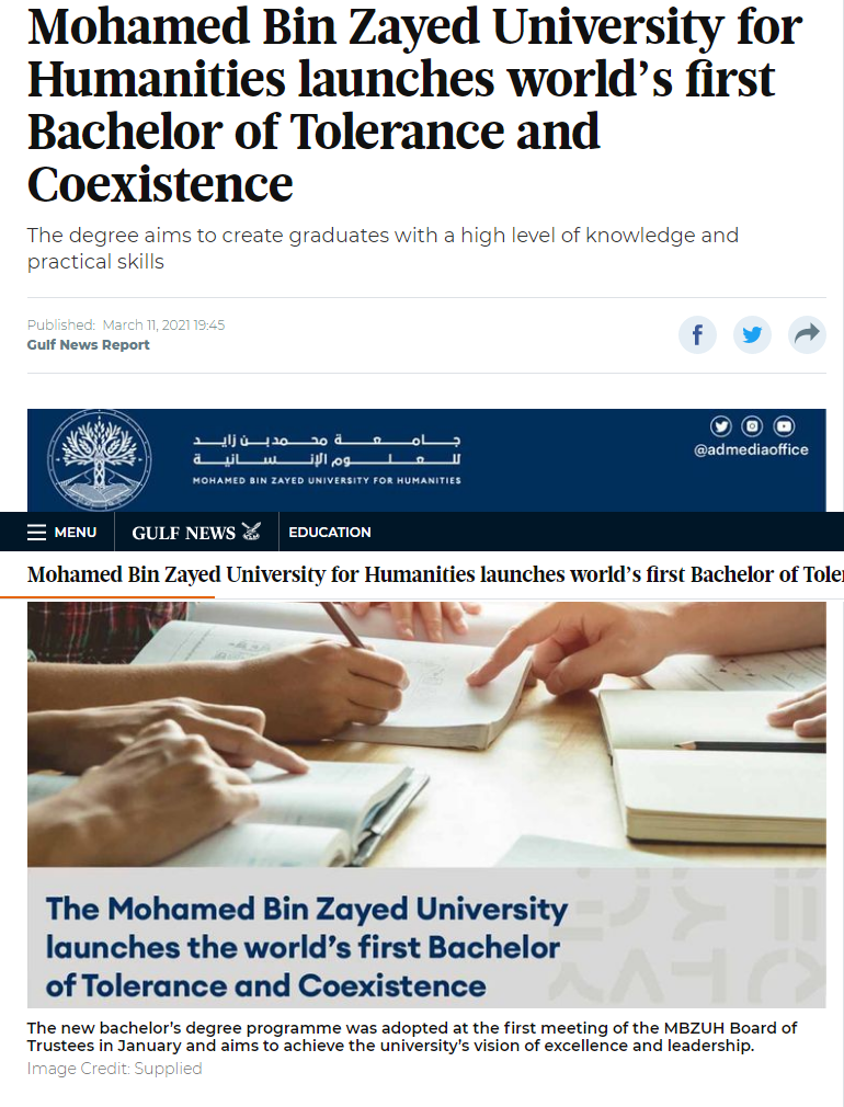 Mohamed Bin Zayed University for Humanities launches world’s first Bachelor of Tolerance and Coexistence