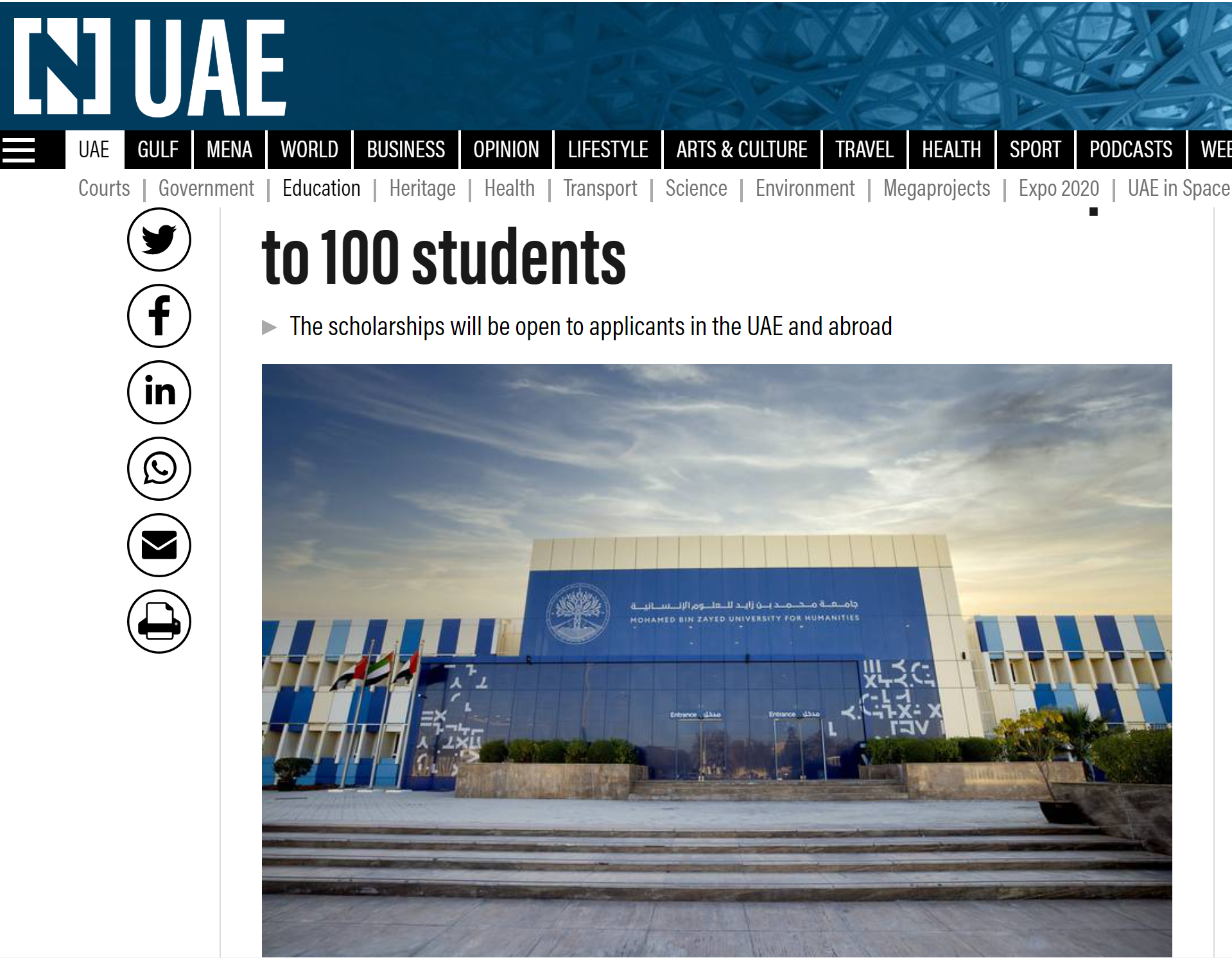 to 100 students The scholarships will be open to applicants in the UAE and abroad