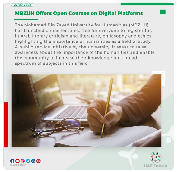 Mohamed Bin Zayed University for Humanities (MBZUH) Offers Open Courses on Digital Platforms
